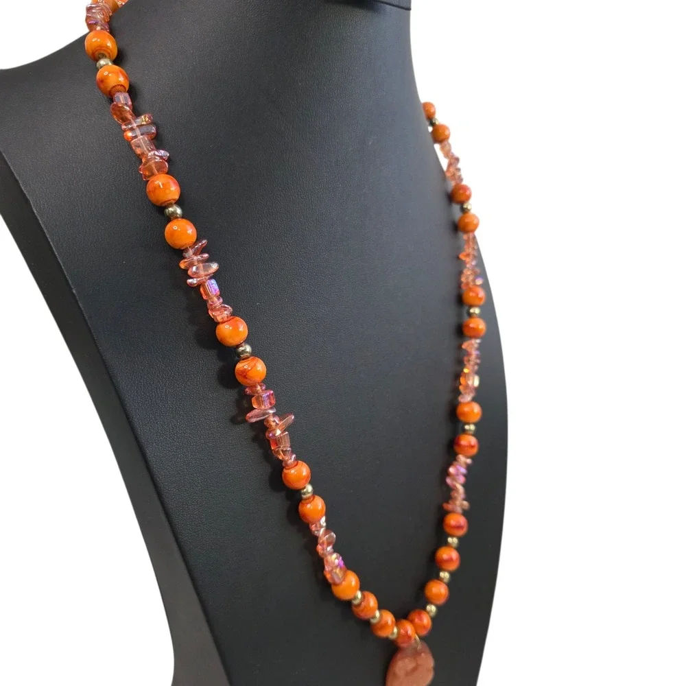 Chunky Statement Orange Necklace Set Carved Animal Pendant Wood Glass Boho Bold - Picture 4 of 7